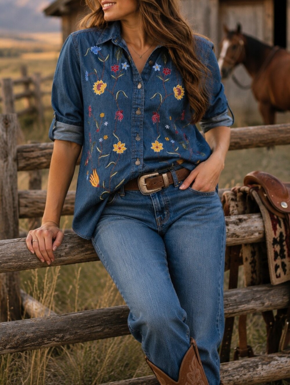 Embroidered Denim Floral Button-Down Shirt Blue 100% Cotton Boho Western